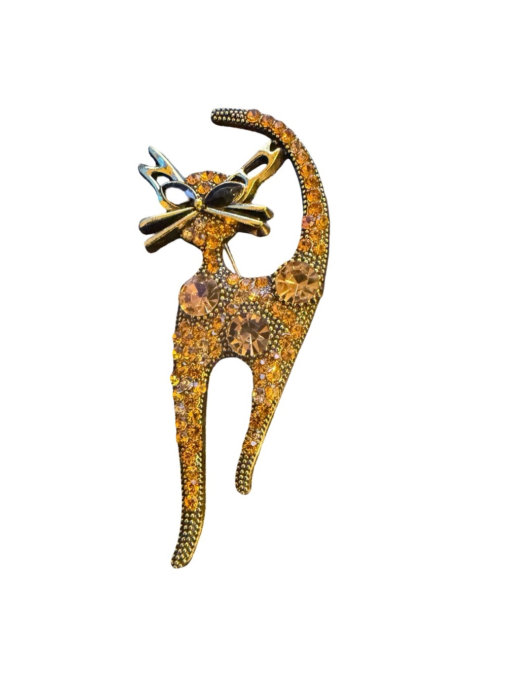 Gold-Tone Amber Crystal Kool Cat Brooch